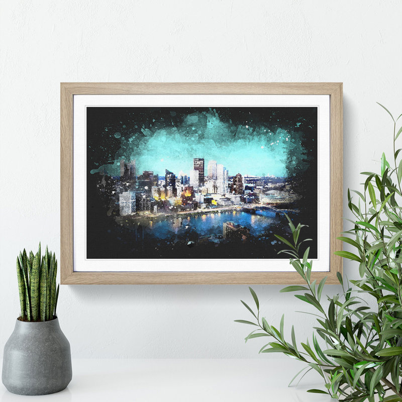 Skyline Of Pittsburgh - Single Picture Frame Print on Wood, 36cm H x 48cm W x 2cm D, Oak Framed