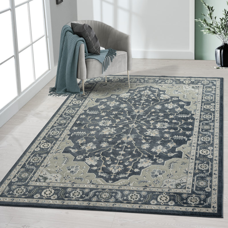 Tapis bleu marine / gris clair / crème, Rectangle 5 pi 3 po x 7 pi 6 po
