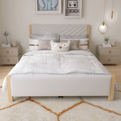 Modern Mid-Century Queen Upholstered Platform Bed Frame With Tufted Headboard And Solid Wood Legs