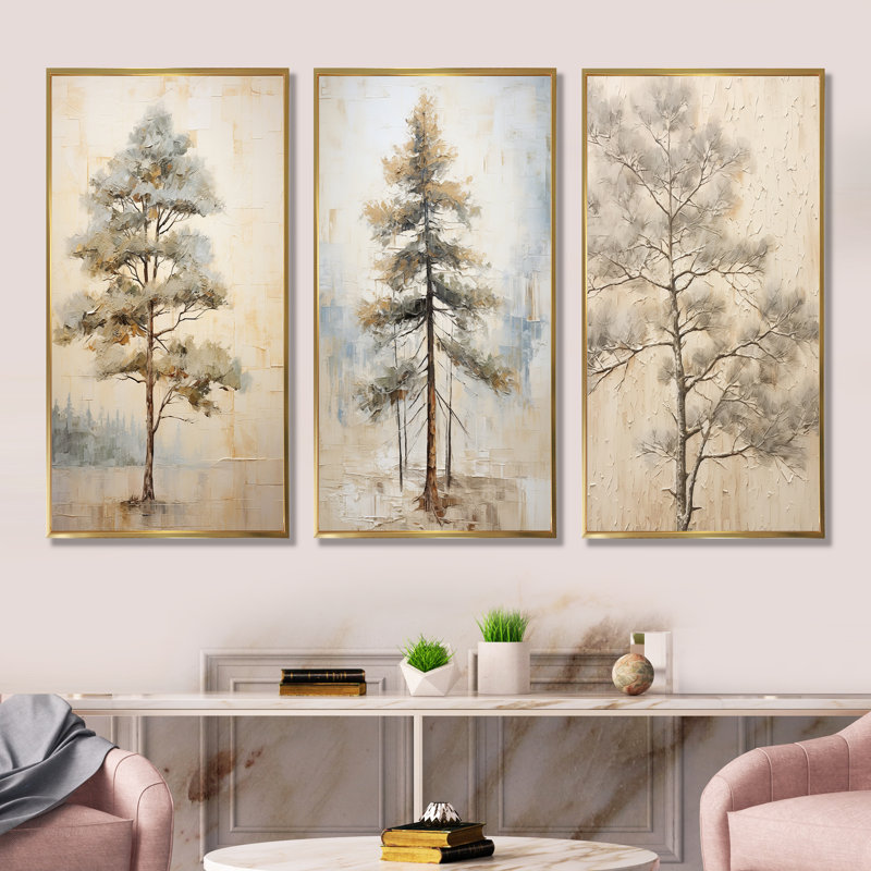 «Beige Tree Pine», ensemble de 3 reproductions d'art sur toile, Cadre flottant doré, H 28 po x l 36 po