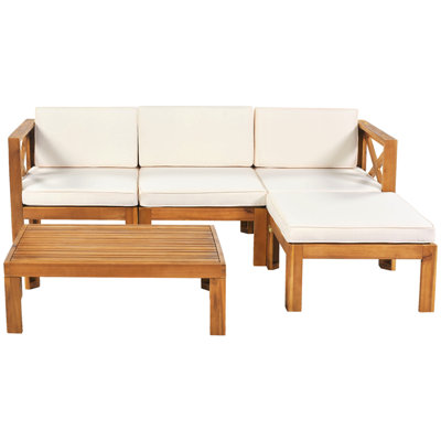 Outdoor Backyard Patio Wood 5-Piece Sectional Sofa Seating Group Set With Cushions, Natural Finish+ Beige Cushions