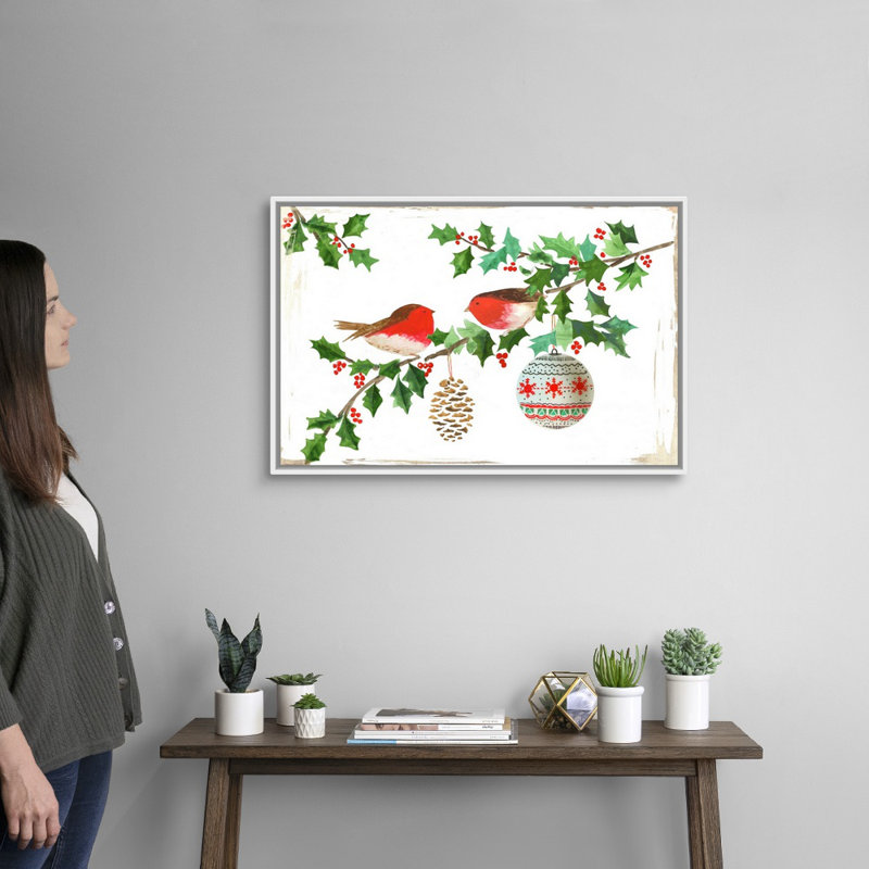 Oiseaux rouges, reproduction d’art sur toile, Cadre blanc, H 22 po x l 32 po x P 1,75po