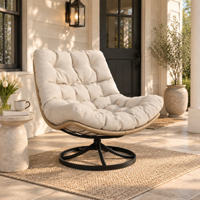 EcoHeaven Modern Boho Swivel Wicker & Rope Papasan Chair with Plush Cushion