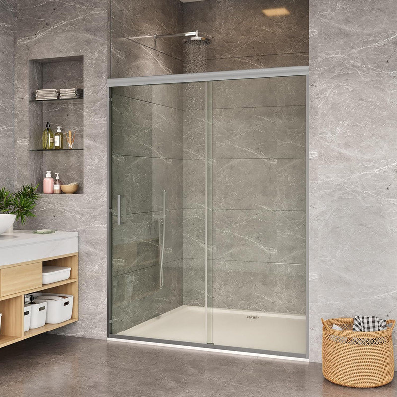 72" x 48-60" Semi-Frameless Shower Door, 6mm Tempered Glass with Stainless Steel Handles, Silver
