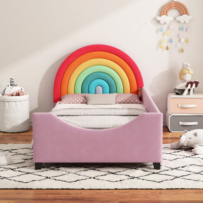 Rainbow Upholstered Twin Daybed Low To The Ground Design Cute Style Princess Bed For Boys & Girls, Teens
