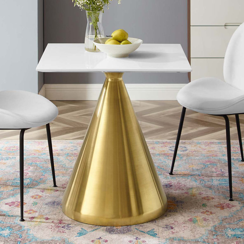 Gold and White Square Dining Table with Conical Base
