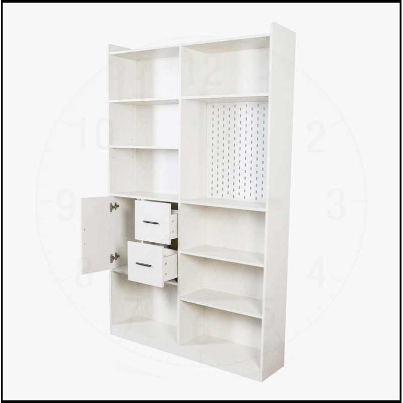 Bibliothèque spacieuse à 9 casiers avec panneau perforé et tiroir, large étagère moderne en bois pour la vie organisée, blanc