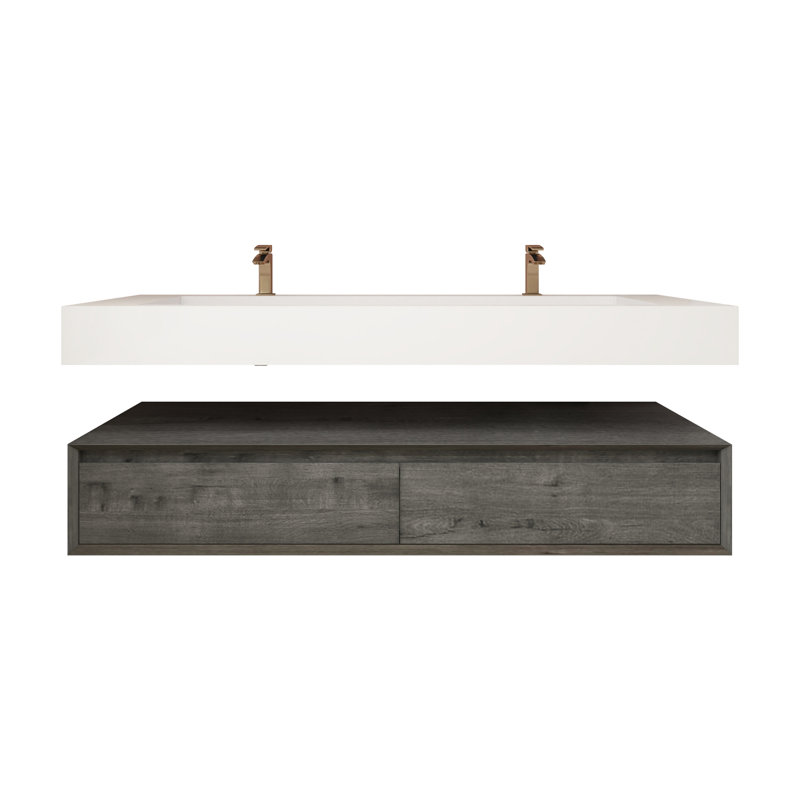 Ensemble de meuble-lavabo double mural 60 po Alysa, Chêne fumé