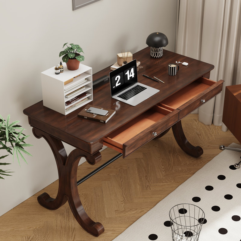 LUMERA Collection Classic Wooden Entryway Console Table with Carved Scroll Legs, Cherry Veneer Finish, Storage Drawers, Hallway & Living Room Accent Table