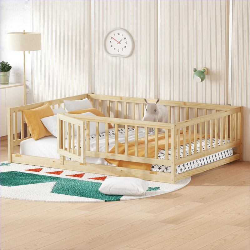 Platform Floor Bed Solid Pine Oak Full Size With Removable Fence and Access Door Ideal For Kids Bedroom Use, Full