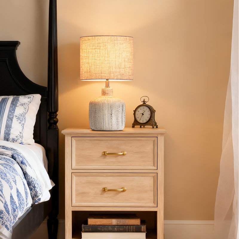 17.3" Ceramic Table Lamp with Distressed Stripes & Linen Shade