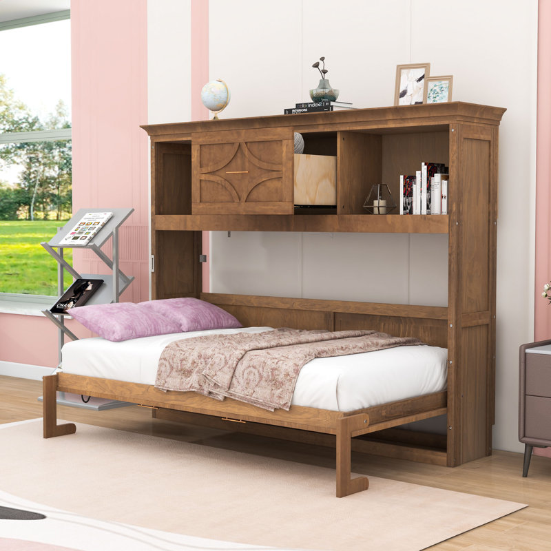 Lit escamotable 1 place en bois avec station de charge et tablettes, Bois
