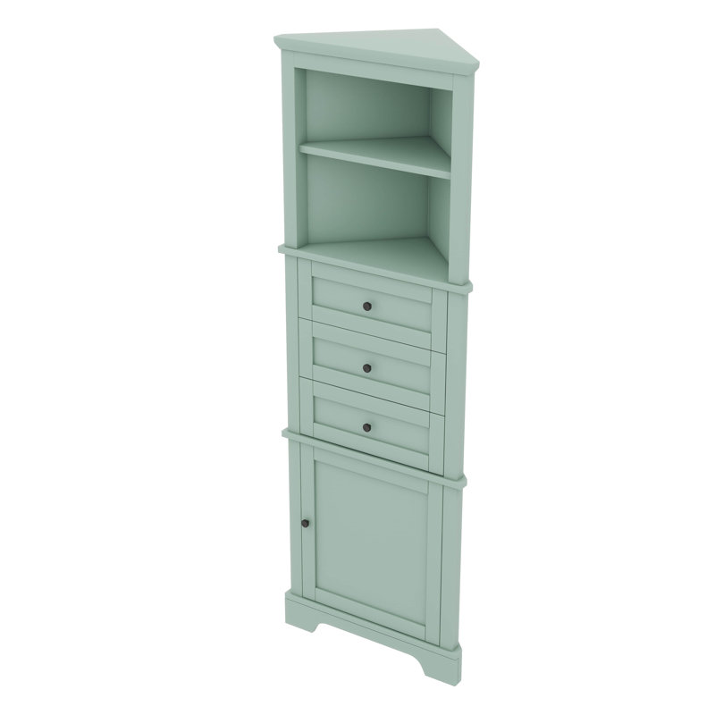 Armoire de coin triangulaire avec trois tiroirs et tablettes personnalisables, Vert