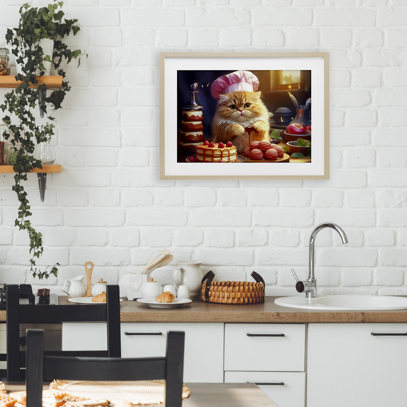 «Fluffy Baker Cat», reproduction encadrée sous verre, design par Image World, H 14 po x l 20 po, Cadre de récolte en pin