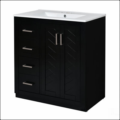 Ensemble de meuble-lavabo 30 po avec lavabo en céramique, armoire de rangement en bois massif, ensemble de meuble-lavabo autoportant avec 3 tiroirs et portes à fermeture douce