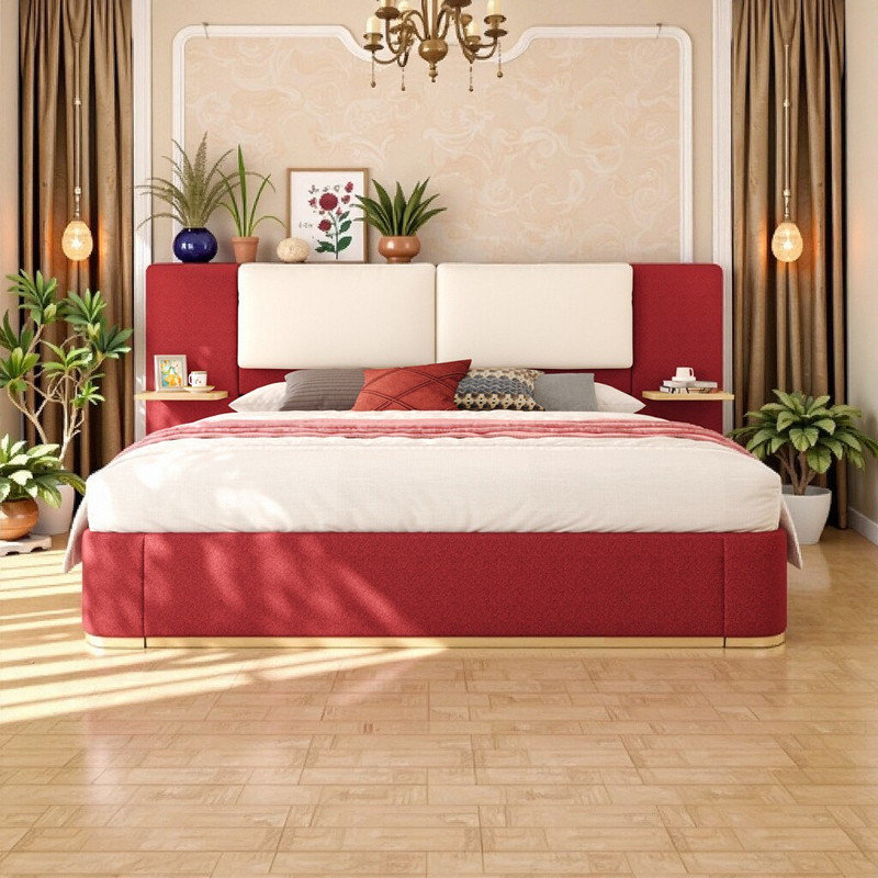 Très grand lit plateforme tapissier avec tablettes intégrées et coins arrondis sans sommier, Très grand lit, Rouge