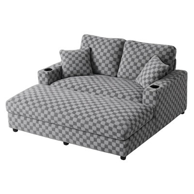 Oversized Indoor Lounge Chair with Cup Holders, Extra Deep Seat and Extra-Wide Armrests, Armrest Pillows Included, Easy Assembly, Sturdy Frame, Diamond Pattern Accent, for Living Room, Study & Lounge