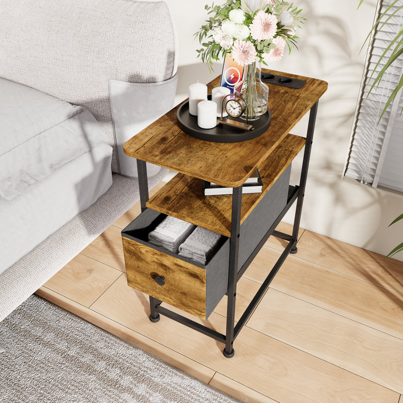 Modern Side Table With Drawer, Open Shelf, USB & Type-C Charging Ports, EU Socket, 30 × 60 × 62 cm, Brown Wood