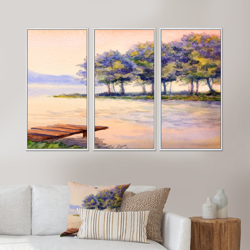 «Colorful Sunset Trees over the Lake», reproduction de photo sur toile 3 pièces, H 20 po x l 36 po x P 1 po, Cadre blanc