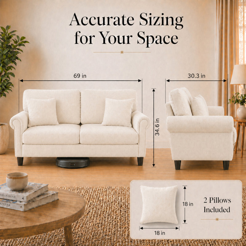 Upholstered Sofa, Beige, 34.6" H x 69" W x 30.3" D
