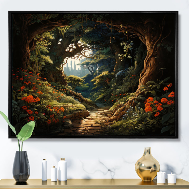 «Brown Green Enchanted Forest Pathway», reproduction sur toile, Cadre flottant noir, H 24 po x l 32 po x P 1 po