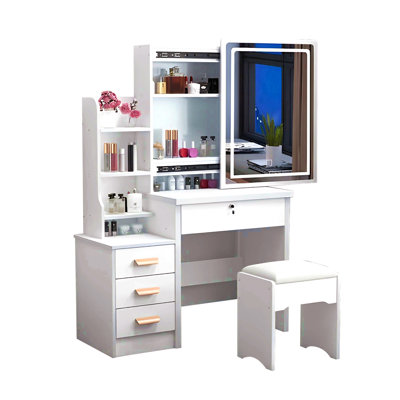 Fashion Vanity Desk With Mirror And Lights For Makeup And Chair, Vanity Mirror With Lights And Table Set With 3 Color Lighting Brightness Adjustable, 4 Drawers, White Color