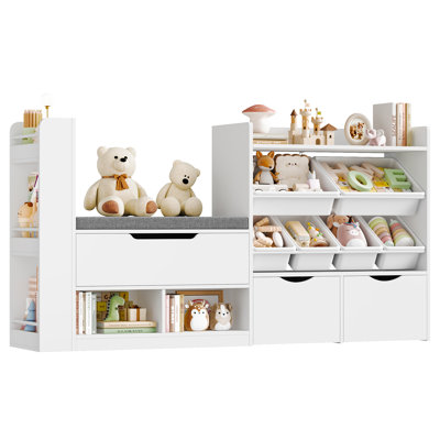 🧸 63"W * 35.4"H Kids Bookshelf with Reading Nook, Toddler Bookcase with Rolling Drawers & Removable Bins, Padded Bench for Playroom Organization