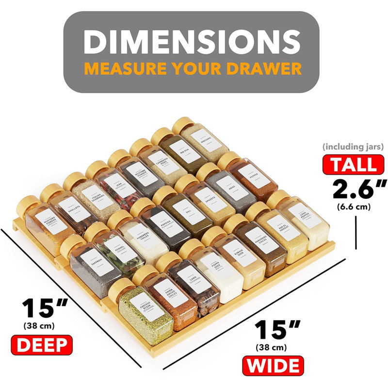 Bamboo Spice Drawer Organizer with 24 Spice Jars, 378 White Minimalist Spice Labels, 3-Tier Seasoning Rack Tray Insert for Kitchen Drawers, 15" Wide x 15" Deep x 2.6" Tall