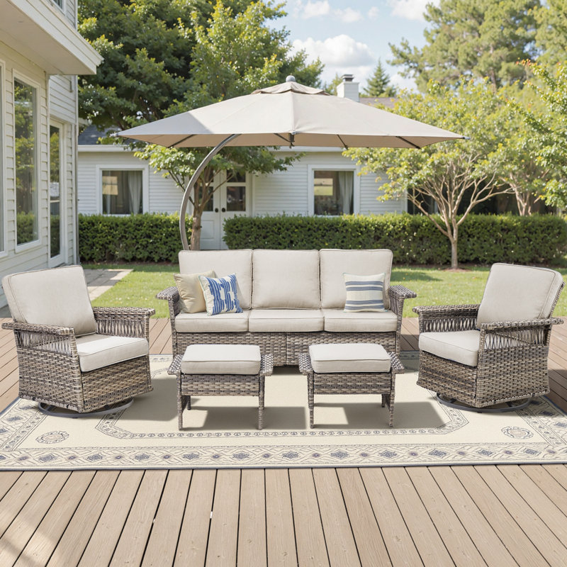 Anferney 5-Piece Outdoor Patio Sofa Conversation Set With Swivel Chairs, Beige
