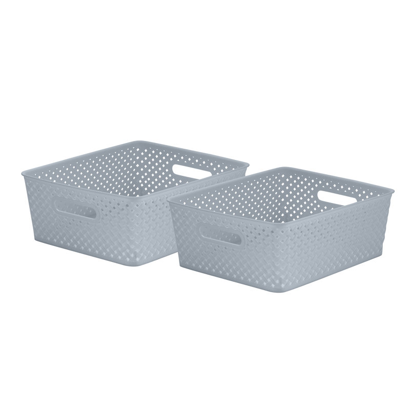 Gray Rectangular Resin Wicker Storage Bin Set