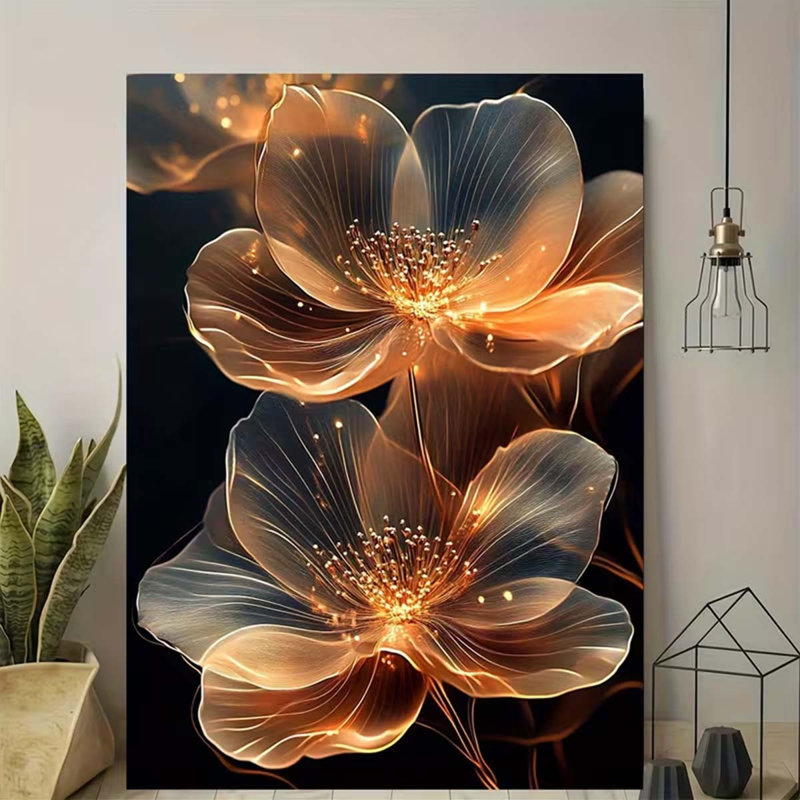 90*60，2D Flat 1pc Golden Glow Floral Art Canvas Wall Decor - Illuminated Transparent Flowers with Warm, Glowing Light Effect, Wooden Frame for Home, Office, Bar, Cafe, or Bedroom.