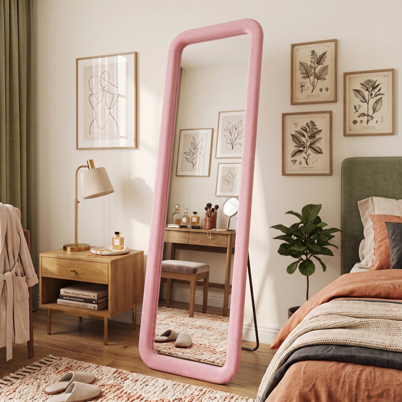 Fabric Leaning and Freestanding Full Length Mirror, Pink, Rounded Rectangle