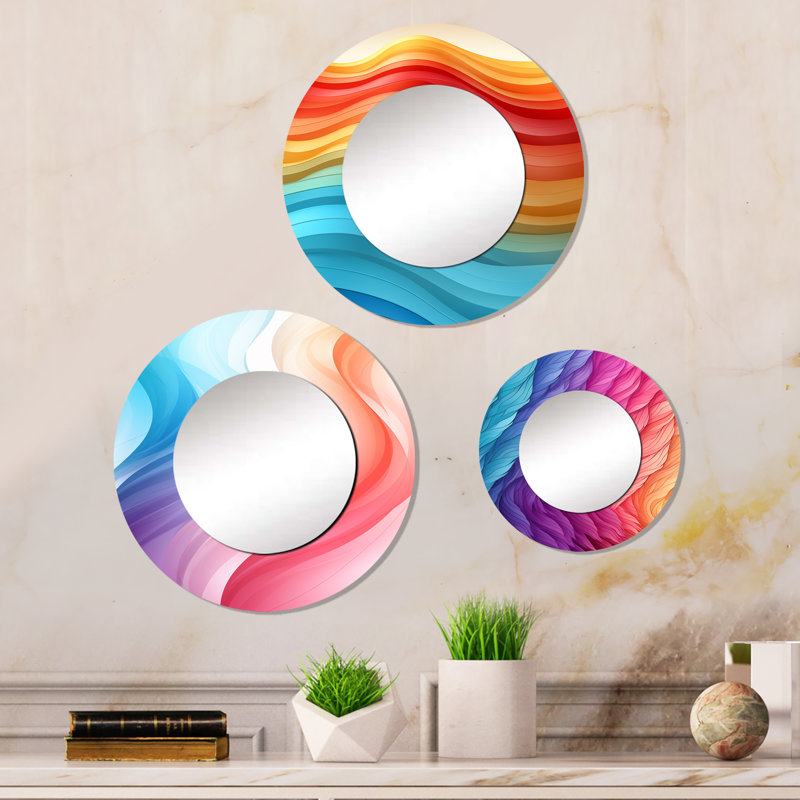 Miroir mural rond en aluminium Futuristic Abstract Waves In Retro Pastel III