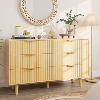 Commode cannelée moderne à 6 tiroirs avec pieds en bois massif et poignées dorées, commode de rangement pour chambre à coucher, salon, entrée, noir / naturel