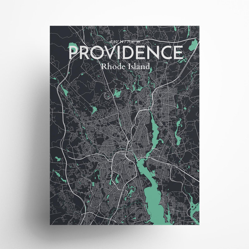 Providence, carte de la ville, impression, H 24 po x l 18 po, Vert / gris