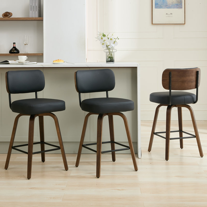26" Swivel Upholstered Counter Stool with Walnut-Finish Bentwood Frame, Black, 3
