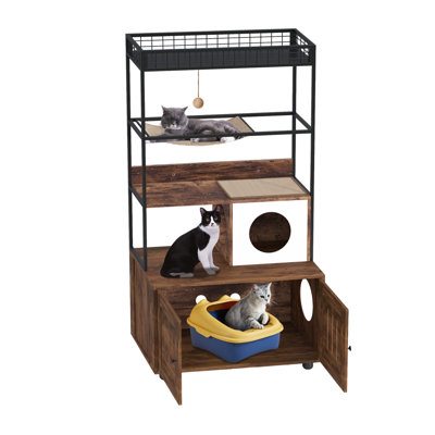 Enceinte de litière pour chat avec tablette de rangement, maison de chat cachée 60 po, poteau à griffer et hamac