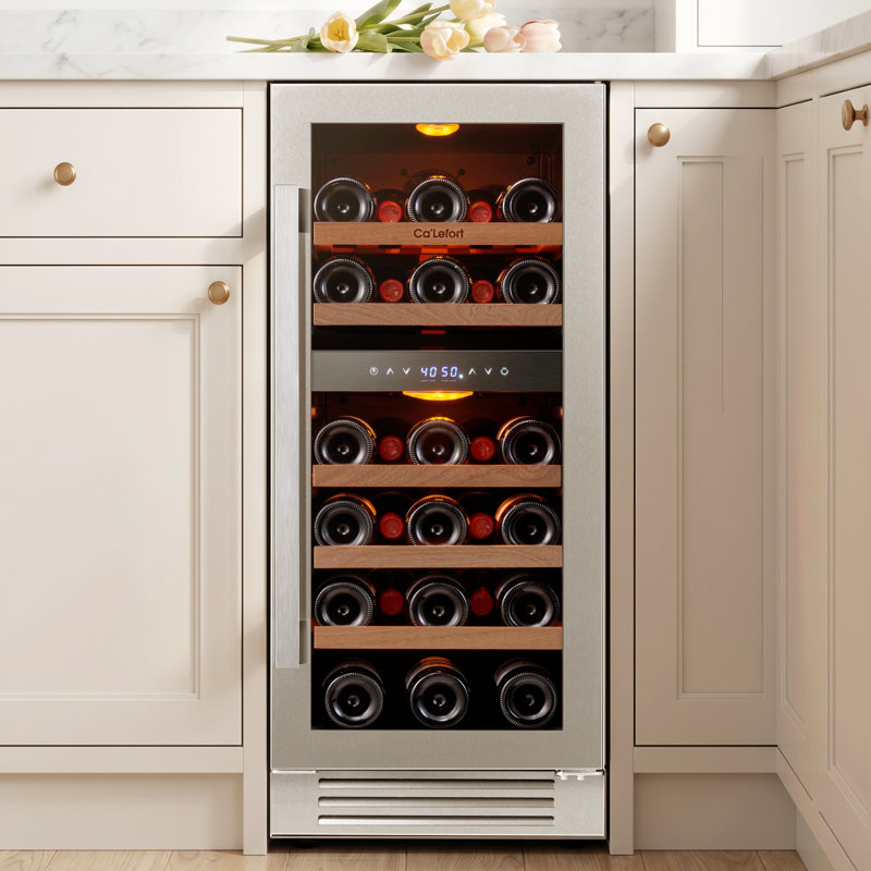 15" 28-Bottle Dual Zone Wine Cooler, Built-In & Freestanding, 3.0 Cu.Ft. Wine Refrigerator with 40°F–65°F Precise Temperature, Amber/Blue/White LED Lighting, UV-Protected Double Glass, Compressor & Fan Cooling, Removable Shelves,Thermostatic Wine Fridge