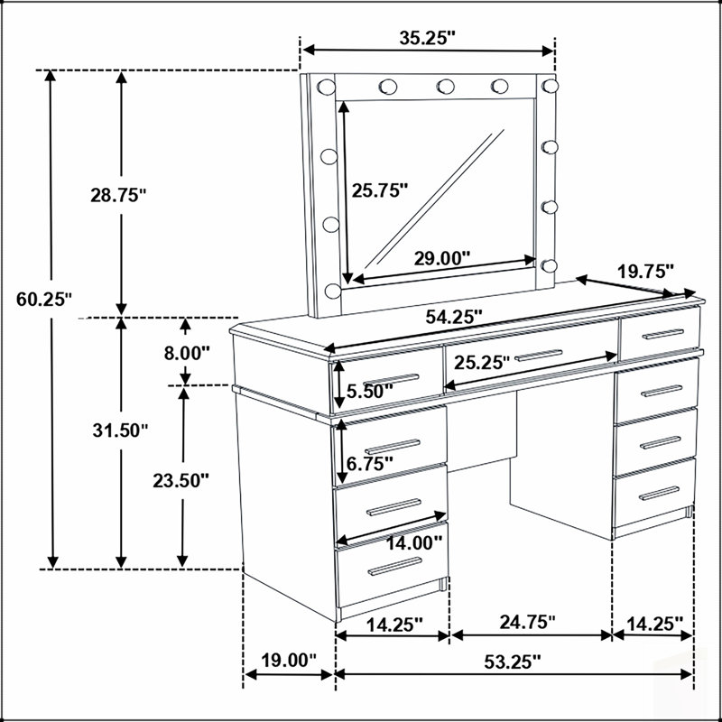 Meuble-lavabo à 9 tiroirs avec lumières à DEL Hollywood et rangement doublé de feutre, parfait pour le glamour moderne et l'organisation.