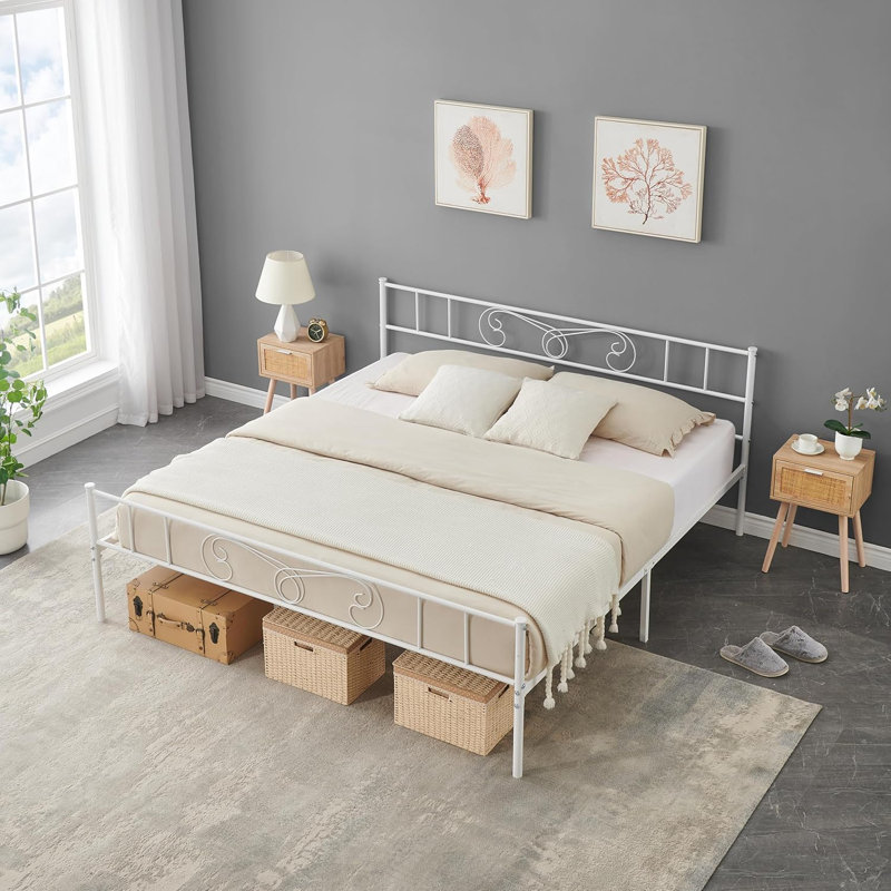 Structure de lit en métal avec tête et pied de lit, lit plateforme pour enfants, espace de rangement de 12 po, lattes en acier, sans sommier