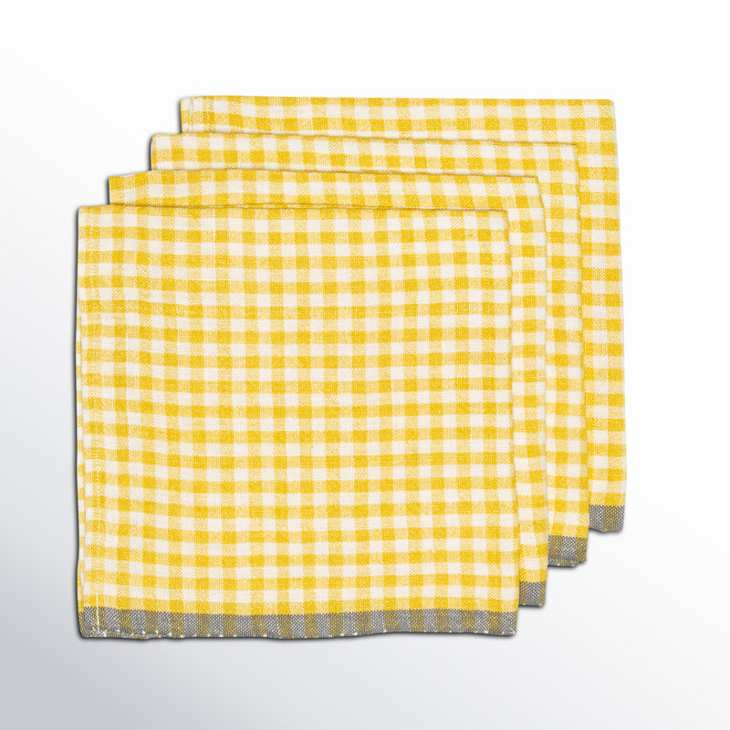 Gingham Linen Square Napkins, Natural with Dijon Trim