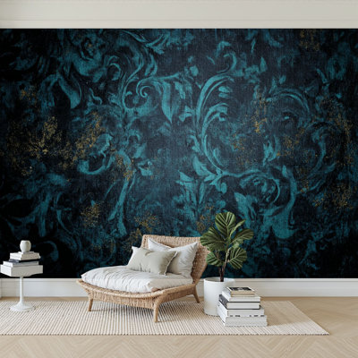 Peel and Stick Wallpaper 144" W x 100" H Modern Self Adhesive Wall Mural for Bedroom Teal Blue Victorian