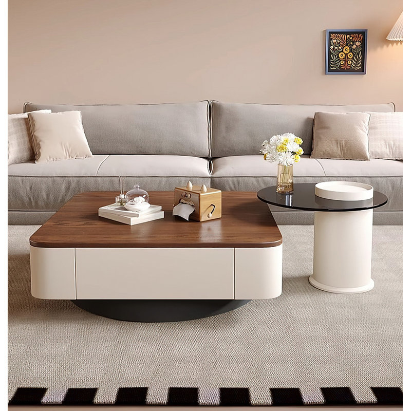 Ensemble de tables basses gigognes 2 pièces Modern Modern avec tiroirs de rangement, plateau en bois massif et table d'appoint en verre trempé