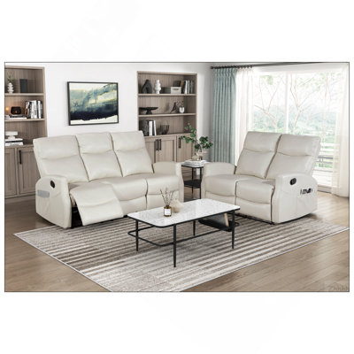 Ensemble de canapé inclinable contemporain 2 pièces beige avec causeuse et poches latérales en similicuir