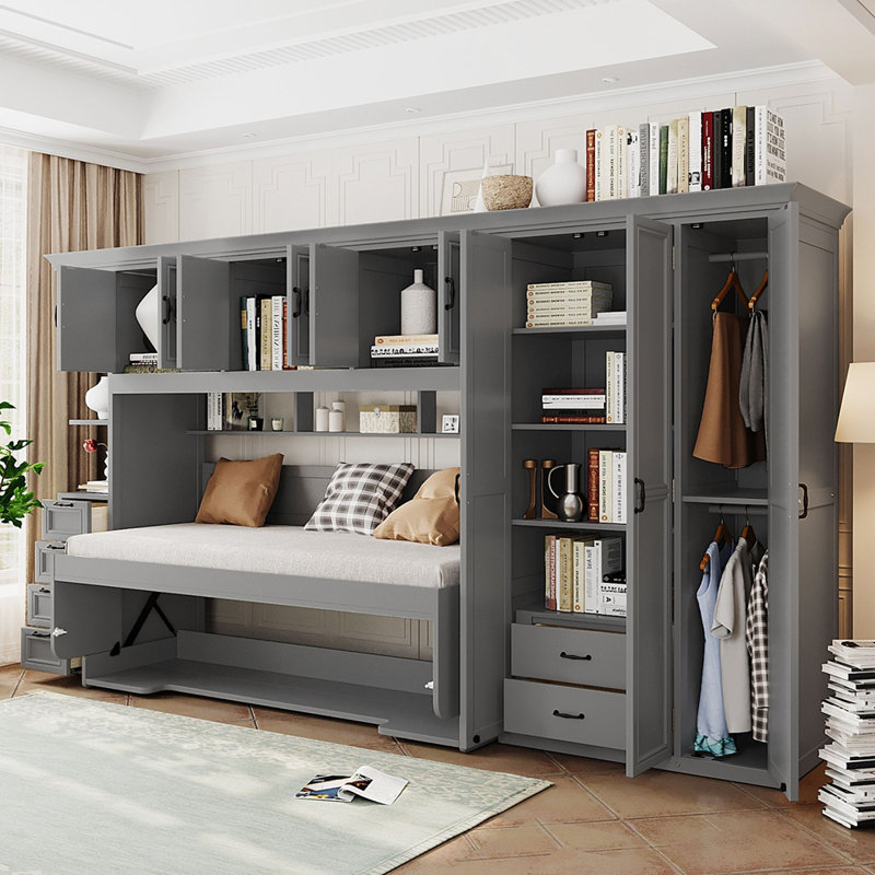 Lit escamotable simple avec garde-robe, armoire et bureau, gris