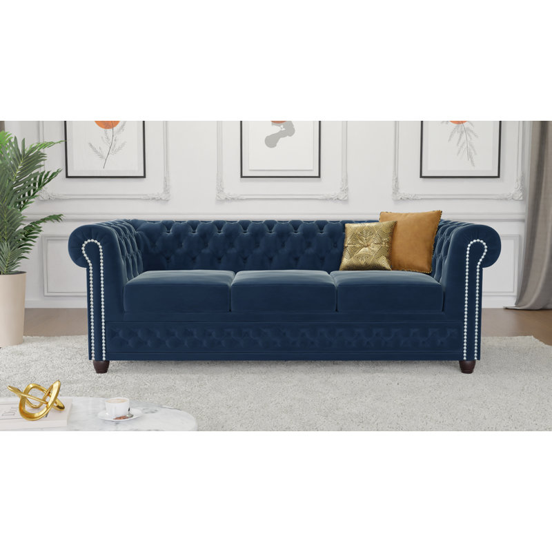 Chesterfield Hanna Sofa Set with Sleeping Function 3+2+1 Made of Velvet Fabric with Solid Wood Legs, Navy Blue