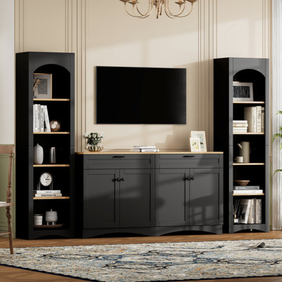 70" Tv Stand With Entertainment Center And Adjustable Shelves, Mid-Century Design Bookshelf, Rustic Sideboard, Black Cabinet Style, Shelves