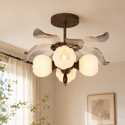 Lustre 4 lumières à motif floral rétro français avec feuilles de verre ondulées