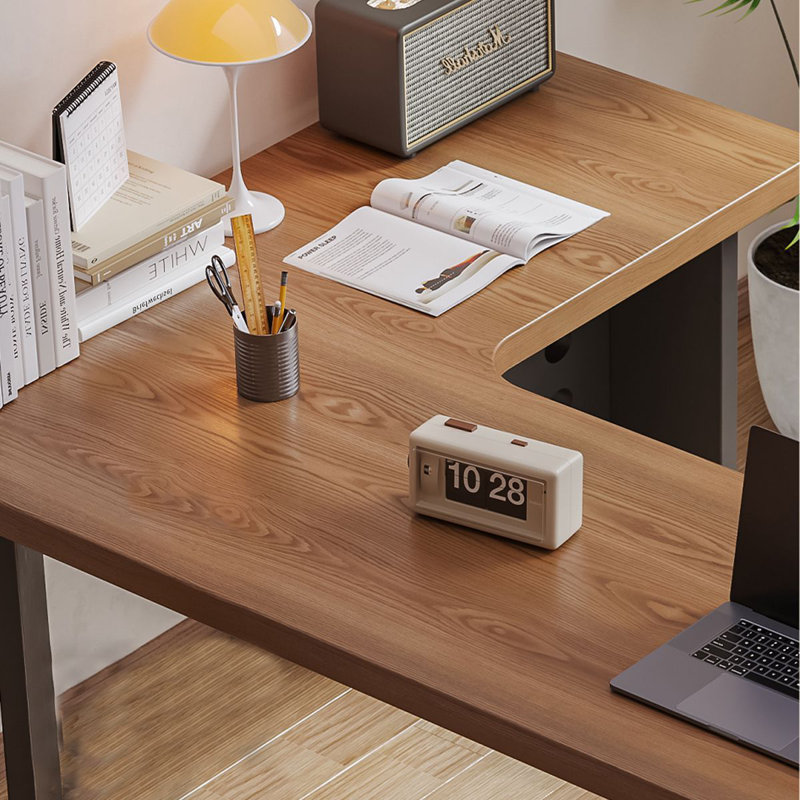 Brown L-Shaped Solid Wood + Iron desk, Right Hand Return, 29.53" H x 86.61" W x 55.12" D