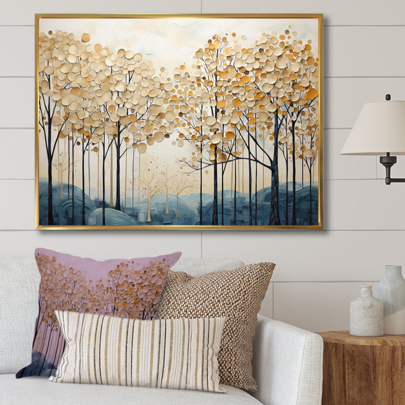 Minimalisme, arbres dorés et bleus scène IV - arbres, art mural, H 34 po x l 44 po x P 1,5 po, Cadre flottant doré